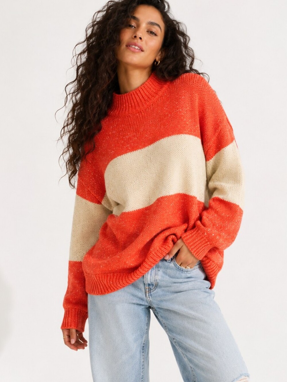 Aerie Orange Cream Colorblock Mock Neck Sweater L/XL NWT